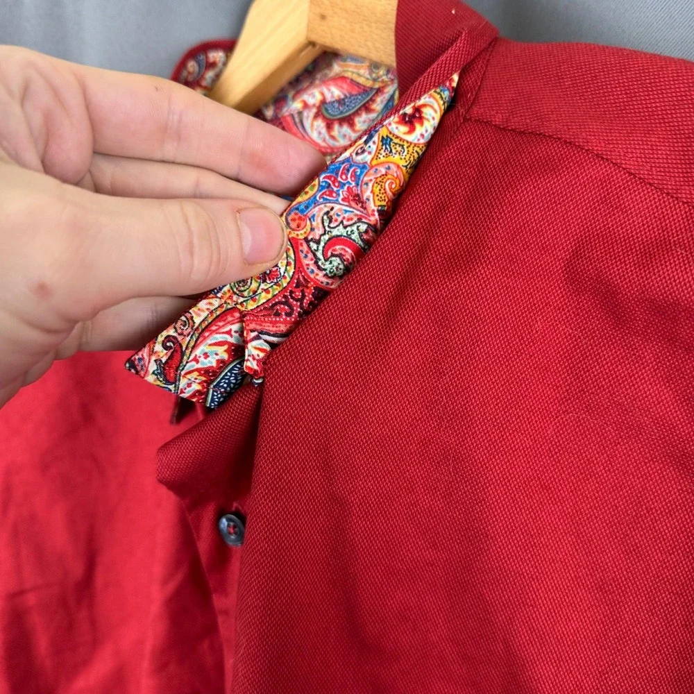 Alan Flusser Mens Red Button Down Shirt Paisley Trim Accents Long Sleeve Large